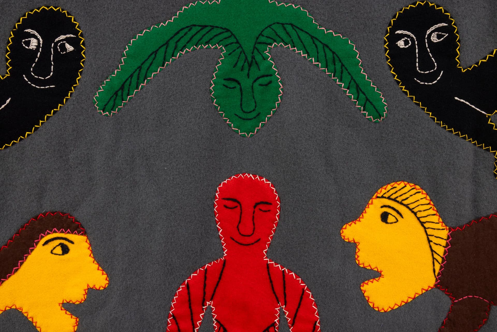 Irene Avaalaaqiaq Tiktaalaaq. COMPOSITION (TRANSFORMATIONS) (Detail), c. 1990s. Duffel, felt, embroidery floss. 36.75 × 58.25 inches.