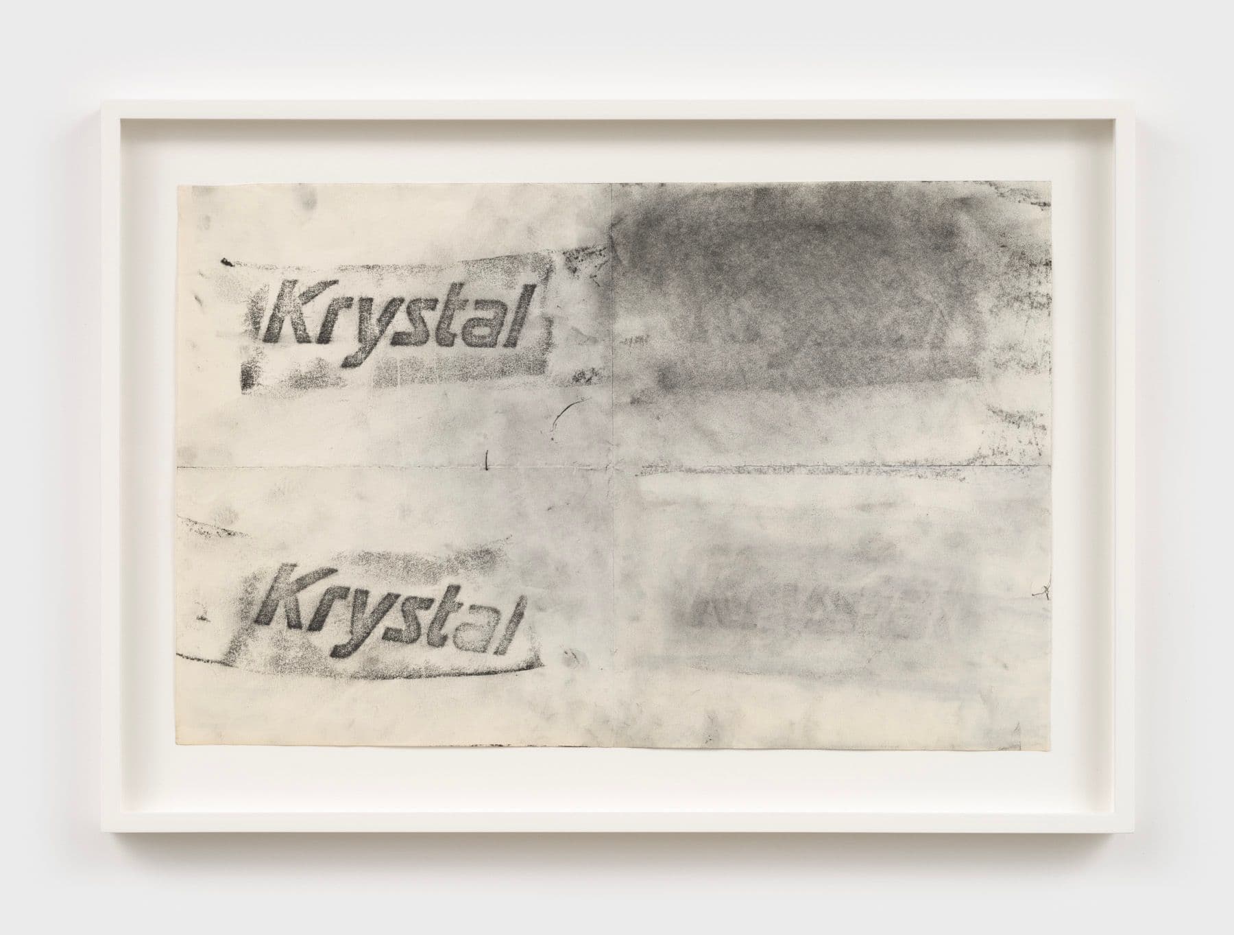 Mo Costello. <i>Untitled (Krystal Krystal)</i>, 2020. Charcoal and soot rubbing on found paper. 10.5 × 17 inches (14 × 19.75 inches framed).