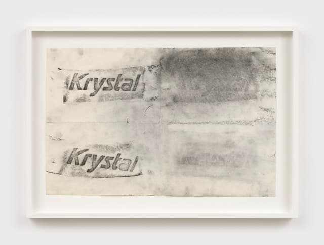 Mo Costello. <i>Untitled (Krystal Krystal)</i>, 2020. Charcoal and soot rubbing on found paper. 10.5 × 17 inches (14 × 19.75 inches framed).