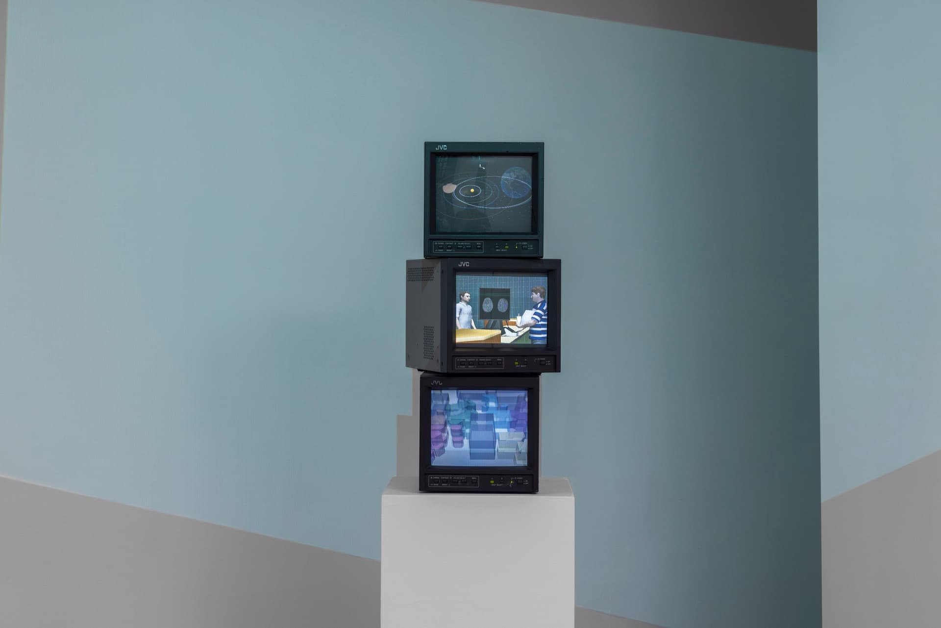 Peggy Ahwesh. the (We) Fallen, 2026. 3-channel video on stacked CRT monitors. 21 × 9 × 5 inches. 5 minutes 55 seconds. Edition of 3 plus II AP. Courtesy of Microscope Gallery, New York.