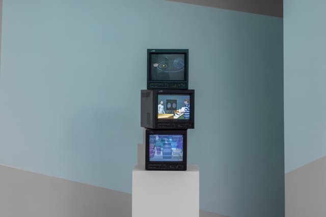 Peggy Ahwesh. the (We) Fallen, 2026. 3-channel video on stacked CRT monitors. 21 × 9 × 5 inches. 5 minutes 55 seconds. Edition of 3 plus II AP. Courtesy of Microscope Gallery, New York.