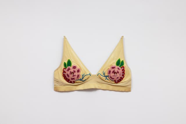 Audie Murray. <i>Old Bra</i>, 2026. Worn bralette, glass beads, copper. 12 × 15 inches.