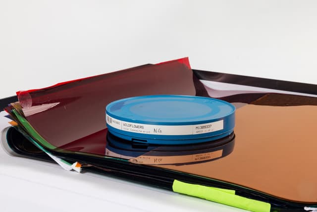 Margaret Honda. Retired Work (Detail), 2021-2023. Film (Fluentum), 2021, 36 Rosco and Lee lighting gels, 4-page score; Wildflowers (NG), 2015, color composite 16mm film print, 100 feet on core in can; Film (Basel Social Club), 2023, 236 Polyester gels, 5-page score. 2.375 × 24.875 × 43.375 inches. Courtest of the artist and Galerie Molitor, Berlin.