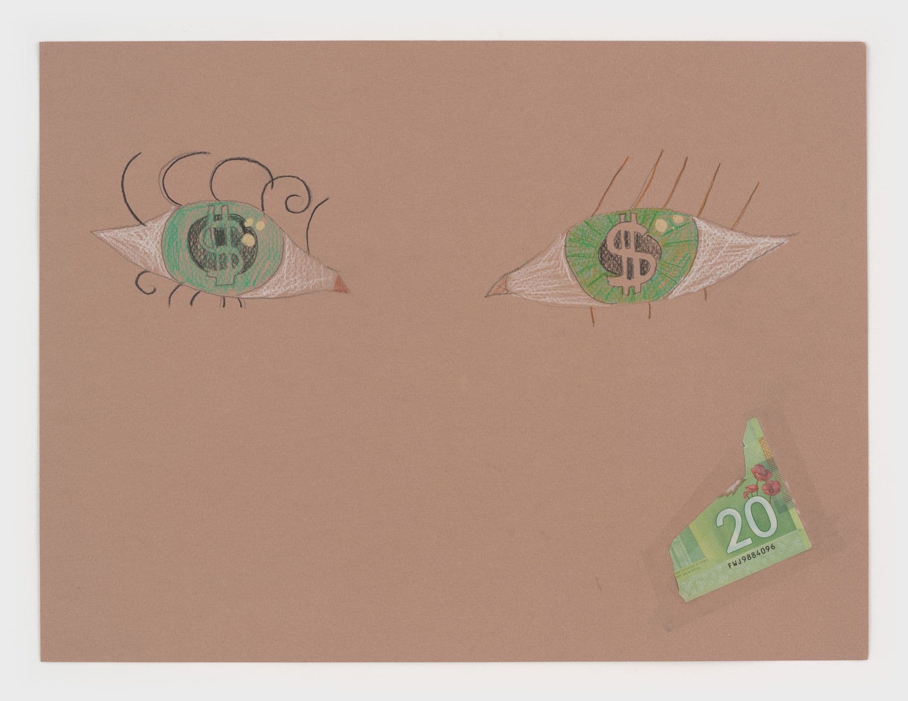 Alix Van Der Donckt-Ferrand. You're richer than you think, 2025. Color pencil, Canadian twenty dollar bill, and scotch tape on paper. 12 × 16 inches.