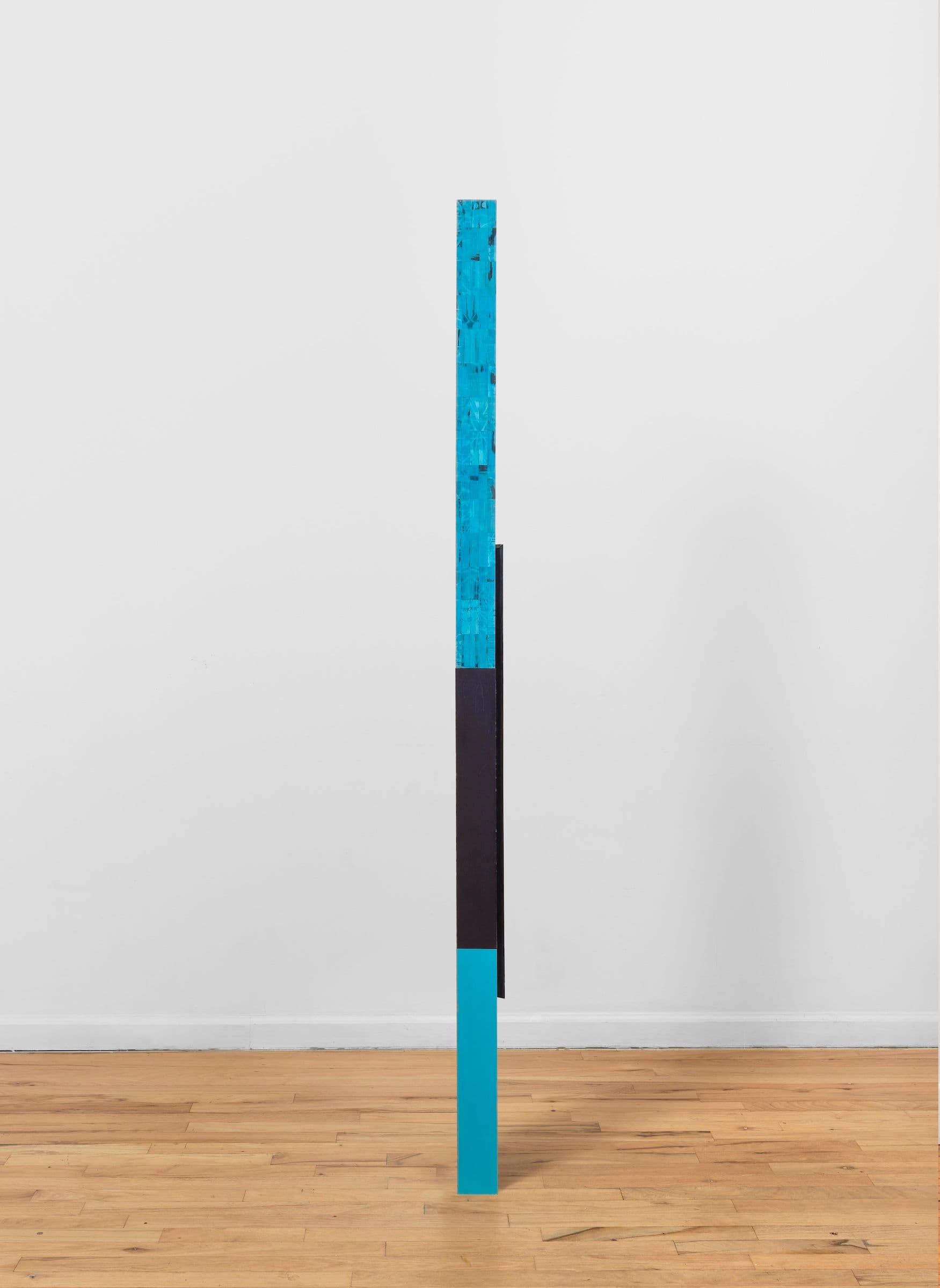 Steph Gonzalez-Turner. <i>Delay Line</i>, 2026. Plywood parquetry with oil paint, acrylic and UV printing, and cast sawdust. 87.5 × 4.25 × 4.25 inches.