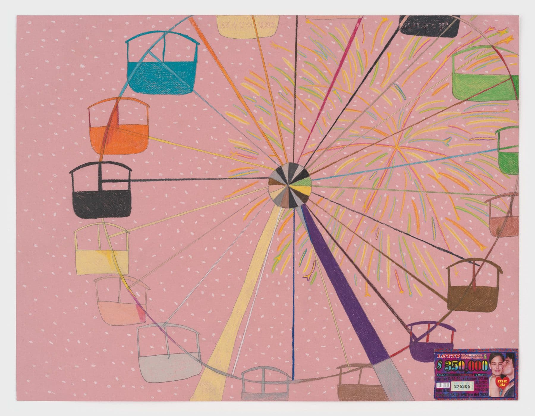 Alix Van Der Donckt-Ferrand. Untitled, 2025. Color pencil, graphite, lottery ticket, and glue on paper. 19.5 × 25.5 inches.