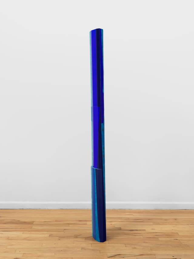 Steph Gonzalez-Turner. <i>Splay</i>, 2026. Plywood parquetry with oil paint, acrylic, dye and UV printing. 74.5 × 7 × 5 inches.
