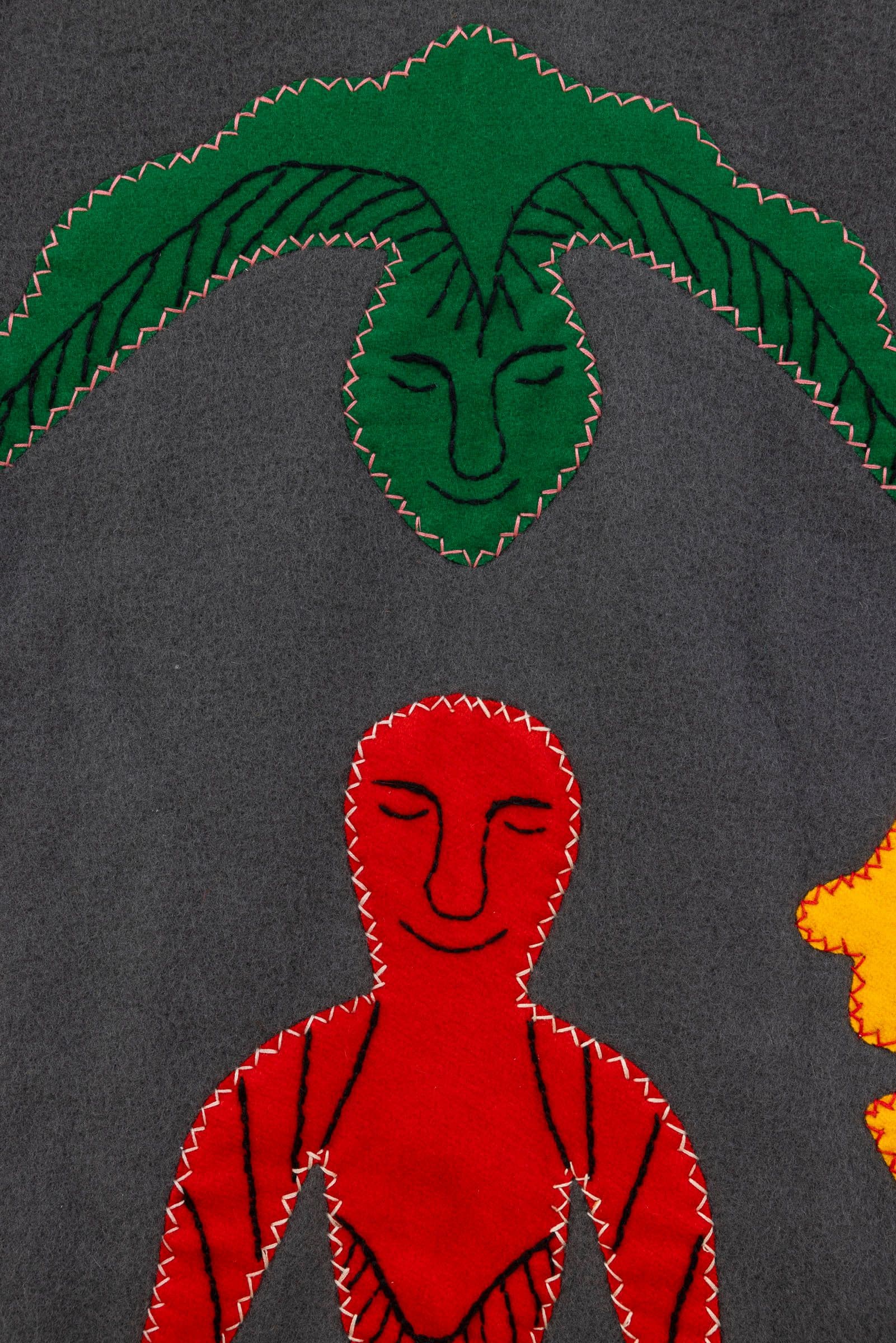 Irene Avaalaaqiaq Tiktaalaaq. COMPOSITION (TRANSFORMATIONS) (Detail), c. 1990s. Duffel, felt, embroidery floss. 36.75 × 58.25 inches.