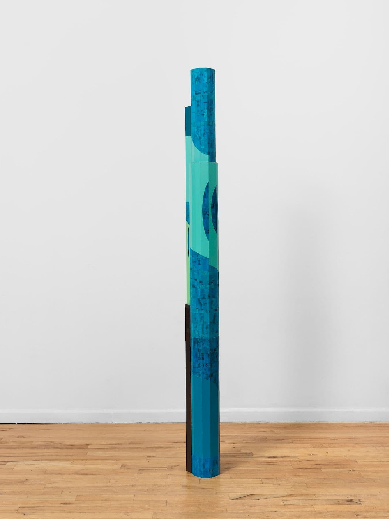Steph Gonzalez-Turner. <i>Earth Mansion</i>, 2026. Plywood parquetry with oil paint, acrylic, dye and UV printing. 78 × 7 × 5 inches.