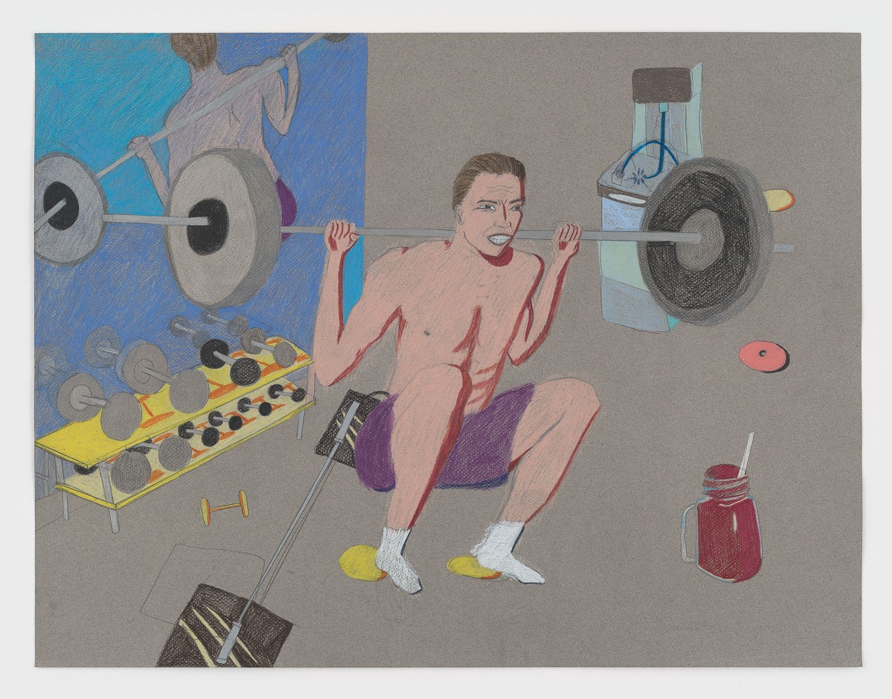 Alix Van Der Donckt-Ferrand. <i>Leg day - or - Más Fuerte que las Excusas</i>, 2025. Color pencil and graphite on paper. 19 ½ × 25 ½ inches (22 ½ × 28 ½ inches framed).