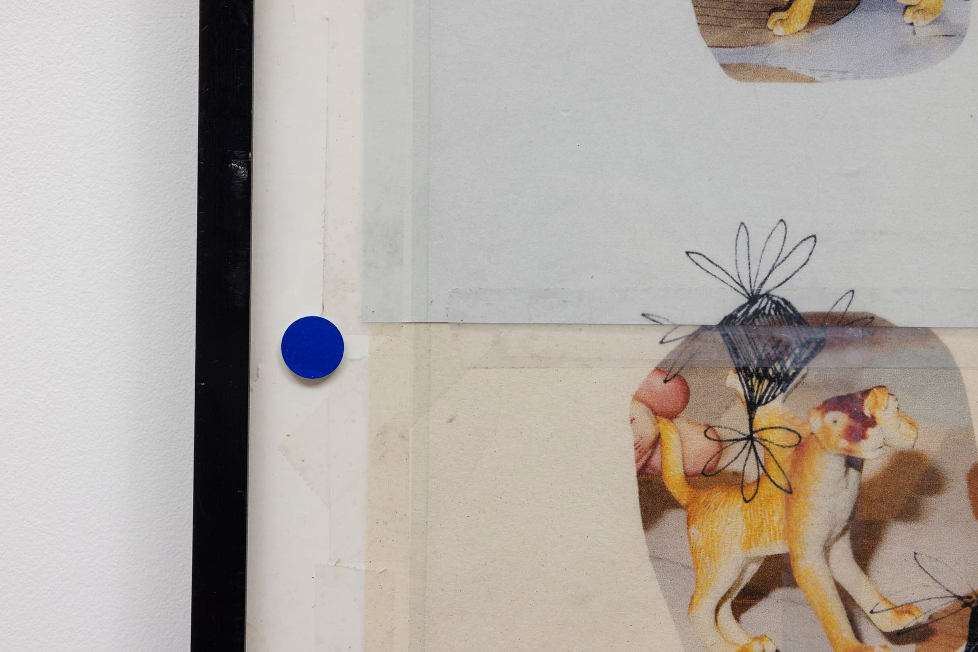 Marisa Kriangwiwat Holmes. Cereberus (Detail), 2022. Four individual laser jet prints, scotch tape, label stickers, found frame. 25 × 19.75 inches.