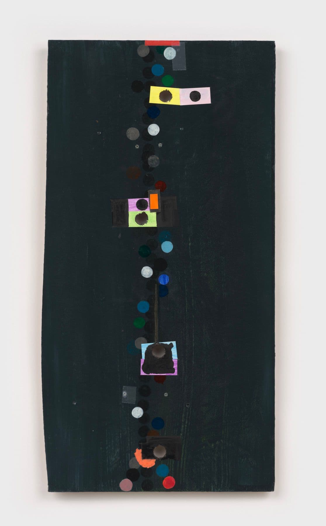Al Svoboda. model, 2023. Acrylic, acrylic resin, ink, marker, paper and tape on wood. 25 × 13 × 1 inches.