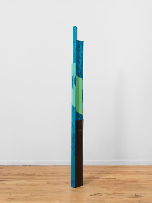 Steph Gonzalez-Turner. <i>Earth Mansion</i>, 2026. Plywood parquetry with oil paint, acrylic, dye and UV printing. 78 × 7 × 5 inches.