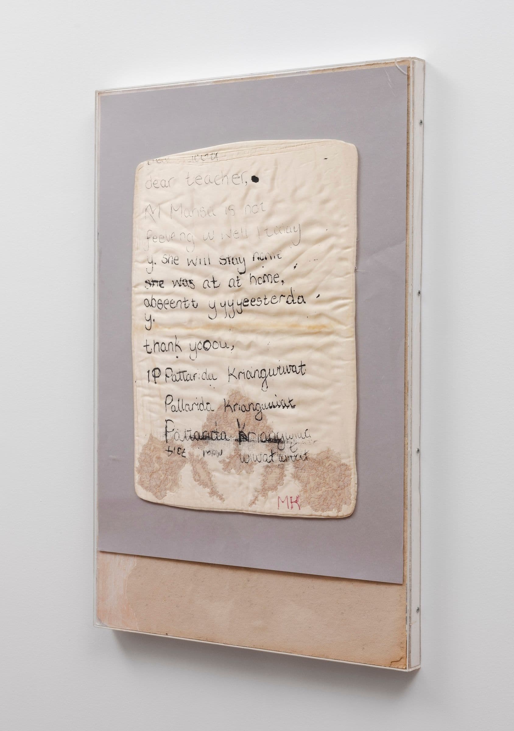 Marisa Kriangwiwat Holmes. Sick Note, 2024. Silkscreen on silk and lace pillow, hand-colored card stock, acrylic frame. 30.25 × 20.5 inches.