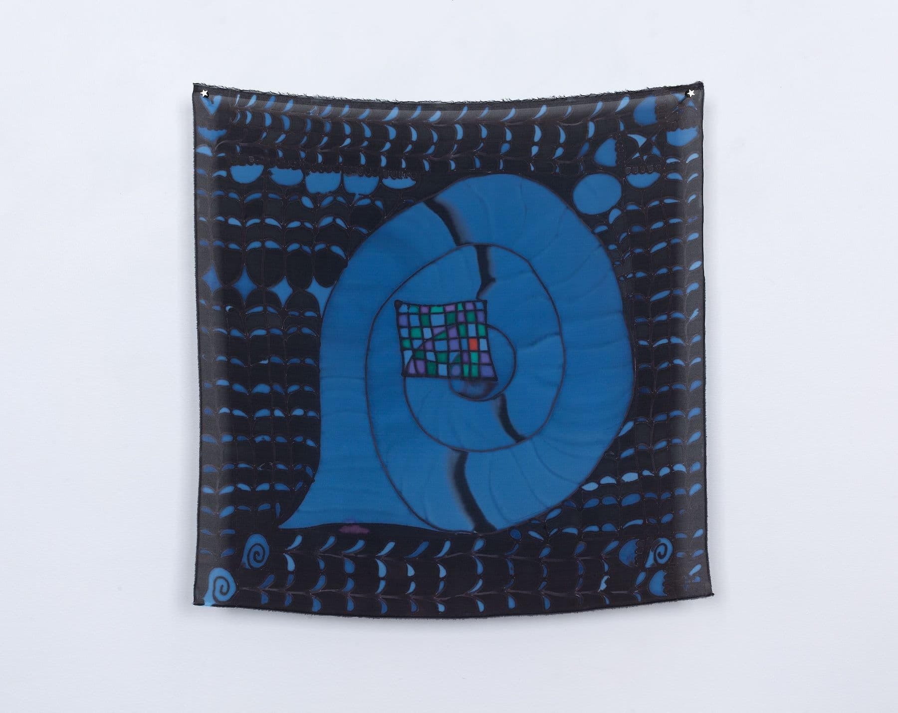Benedict Scheuer. <i>I Feel Strange Even to Myself / Snail's Soul</i>, 2025. Hand Dyed 8mm Habotai Silk. 22 ¾ × 22 ¾ inches.