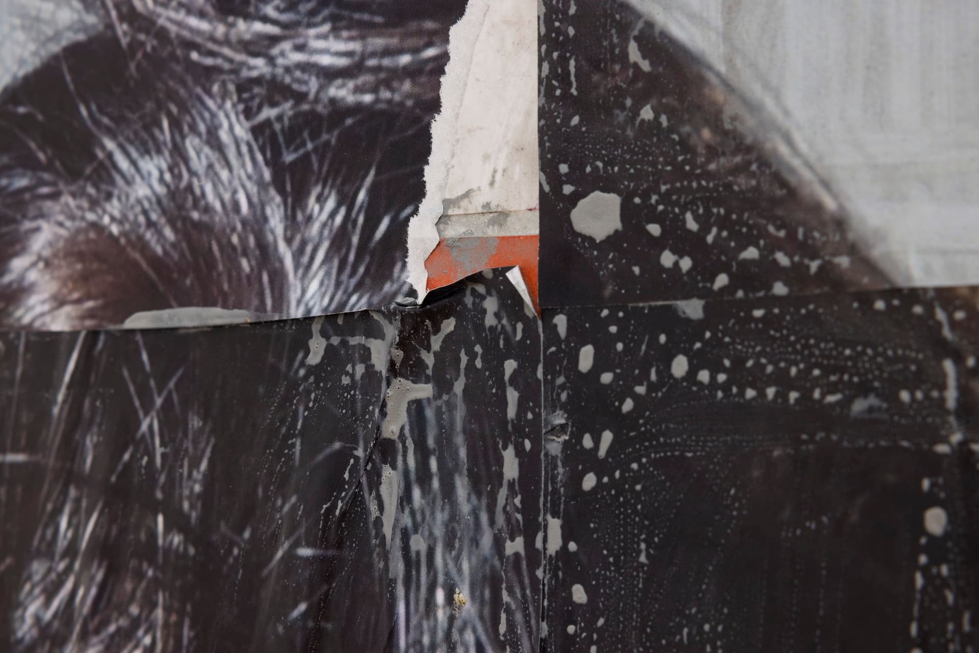 Marisa Kriangwiwat Holmes. Heads - Coin (Detail), 2024. Tiled inkjet glossy prints, oil pastel, rice and wheat paste on found glass, iron. 40 × 48 × 27 inches.