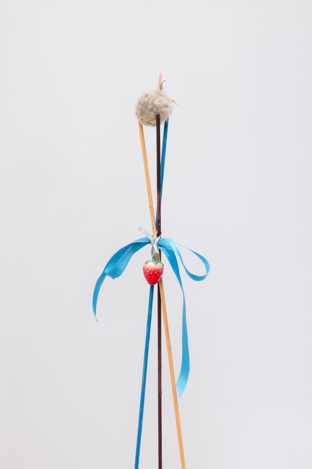 Alix Van Der Donckt-Ferrand. Detail of <i>Danseuse - or - valse à 3 temps</i>, 2025. Dog fur, wooden dowels, acrylic paint, ribbons. 49 × 10 × 9 inches.