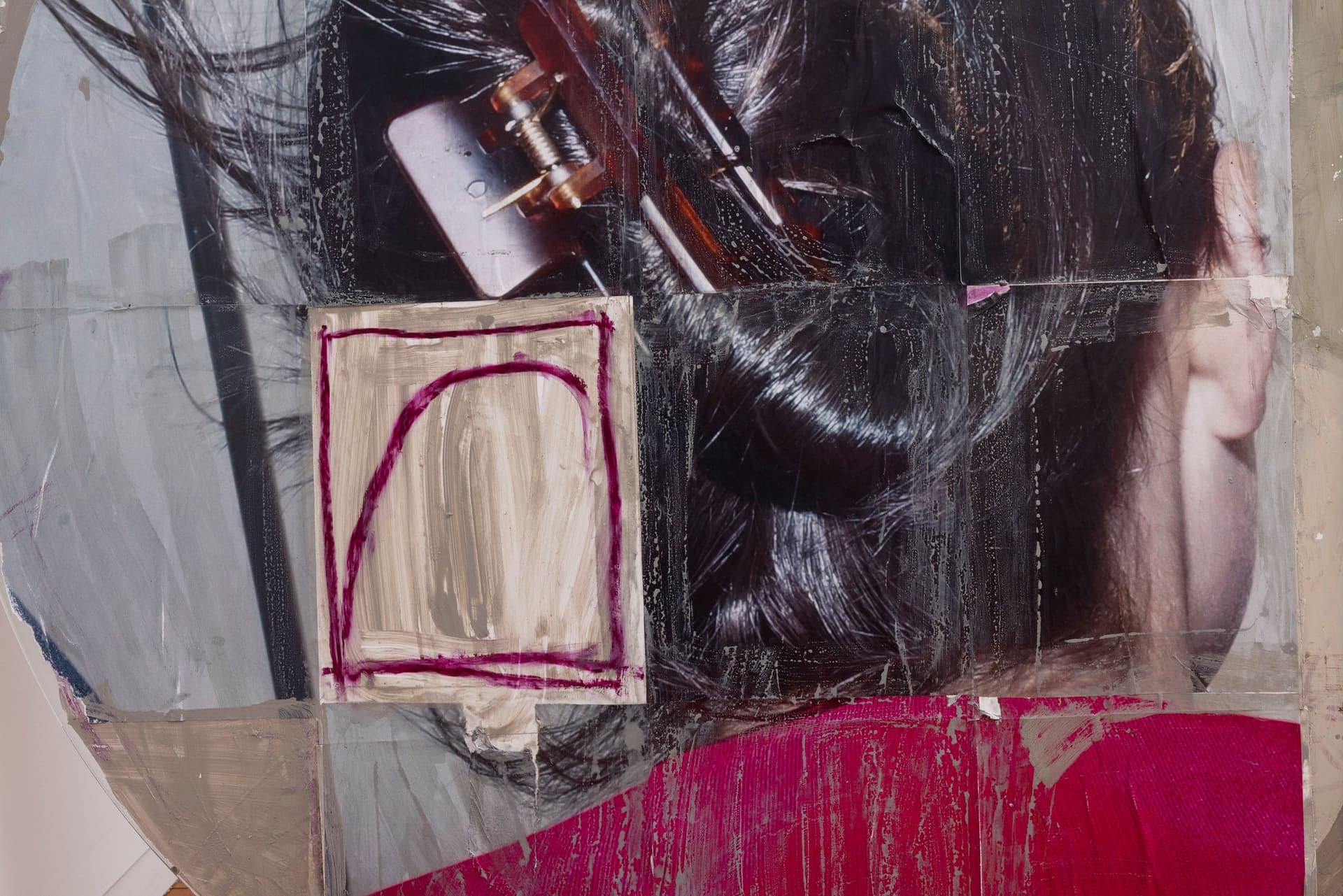 Marisa Kriangwiwat Holmes. Heads - Coin (Detail), 2024. Tiled inkjet glossy prints, oil pastel, rice and wheat paste on found glass, iron. 40 × 48 × 27 inches.