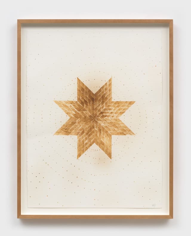 Audie Murray. <i>Gold Thread</i>, 2026. Artist's breast milk and heat on paper. 23.75 × 18 inches (26 ¾ × 21 inches framed).