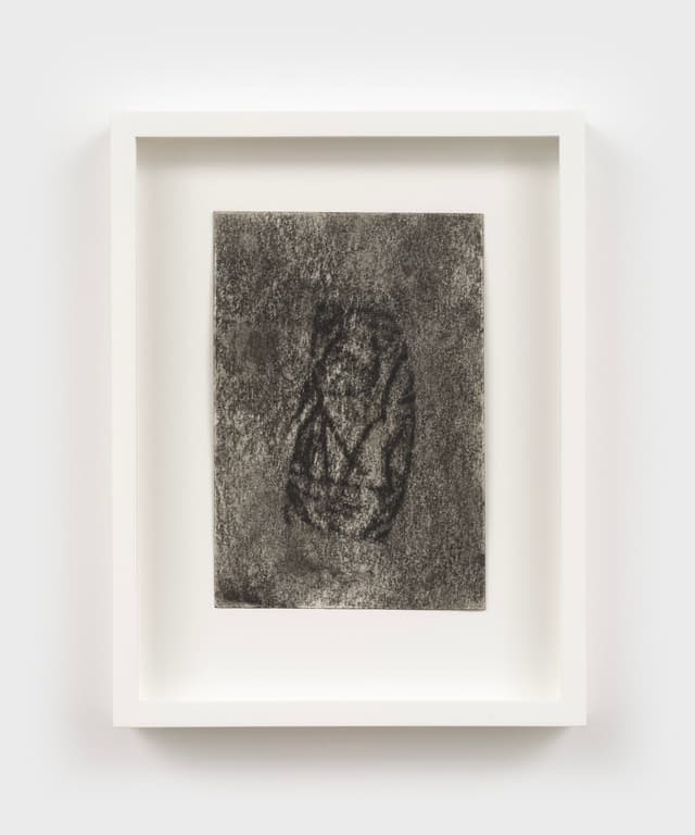 Mo Costello. <i>Untitled (Guardian Angel)</i>, 2020. Charcoal on found paper. 6 × 4 inches (9 × 7 inches framed).