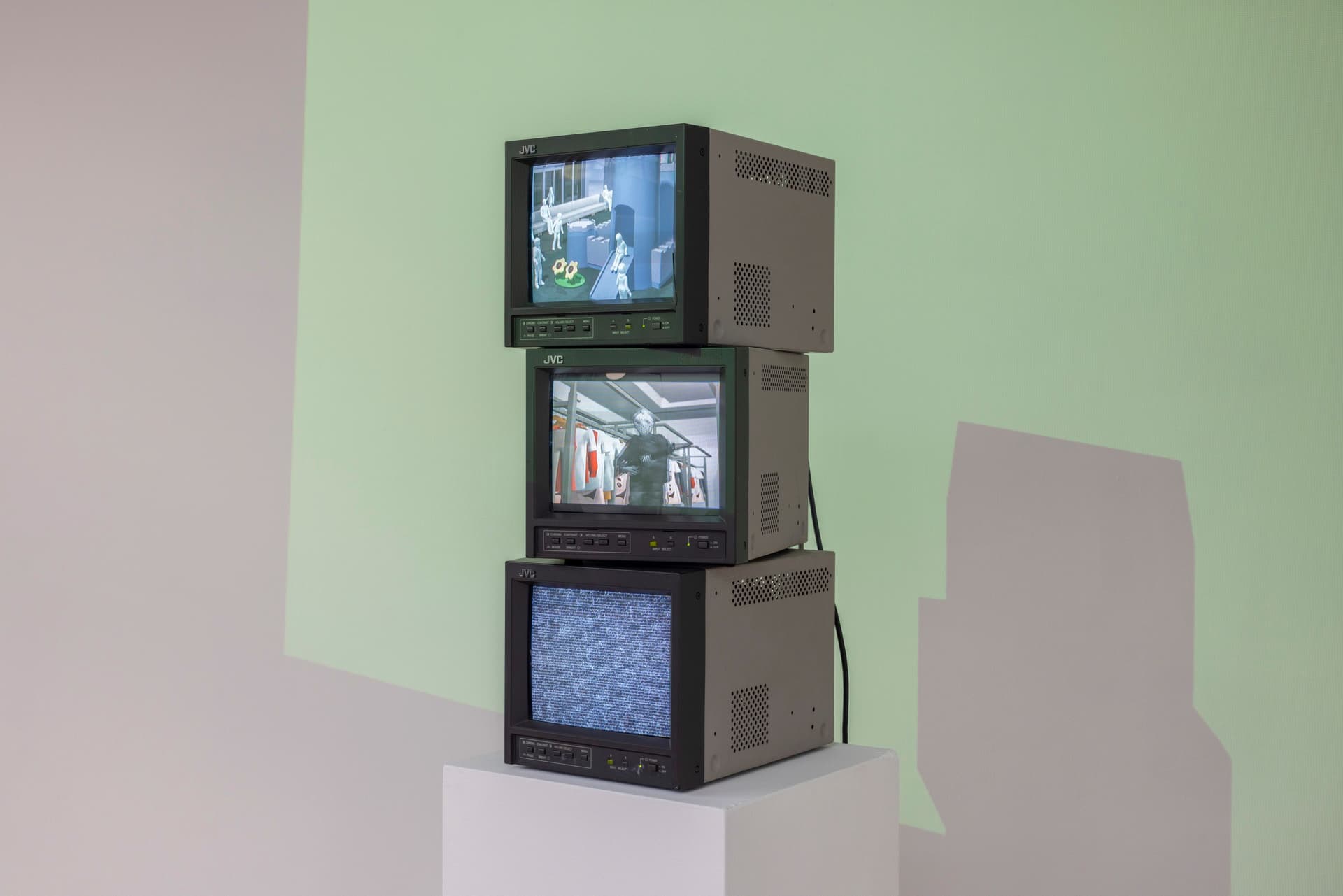 Peggy Ahwesh. the (We) Fallen, 2026. 3-channel video on stacked CRT monitors. 21 × 9 × 5 inches. 5 minutes 55 seconds. Edition of 3 plus II AP. Courtesy of Microscope Gallery, New York.