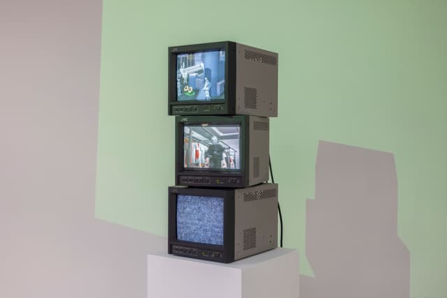 Peggy Ahwesh. the (We) Fallen, 2026. 3-channel video on stacked CRT monitors. 21 × 9 × 5 inches. 5 minutes 55 seconds. Edition of 3 plus II AP. Courtesy of Microscope Gallery, New York.