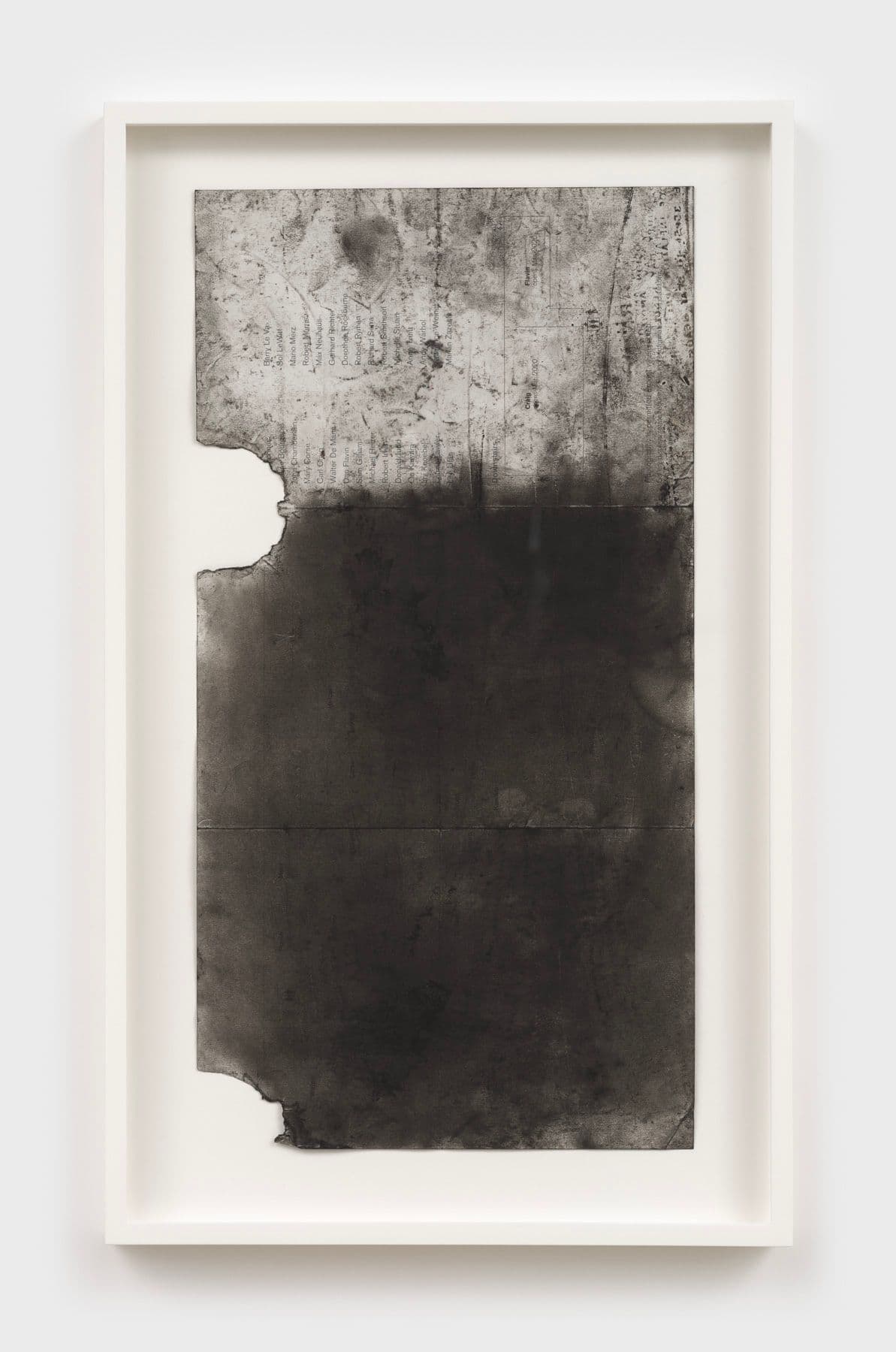 Mo Costello. <i>Untitled (Dia)</i>, 2020. Soot rubbing on museum tri-fold. 16.75 × 8.25 inches (19 × 11.5 inches framed).