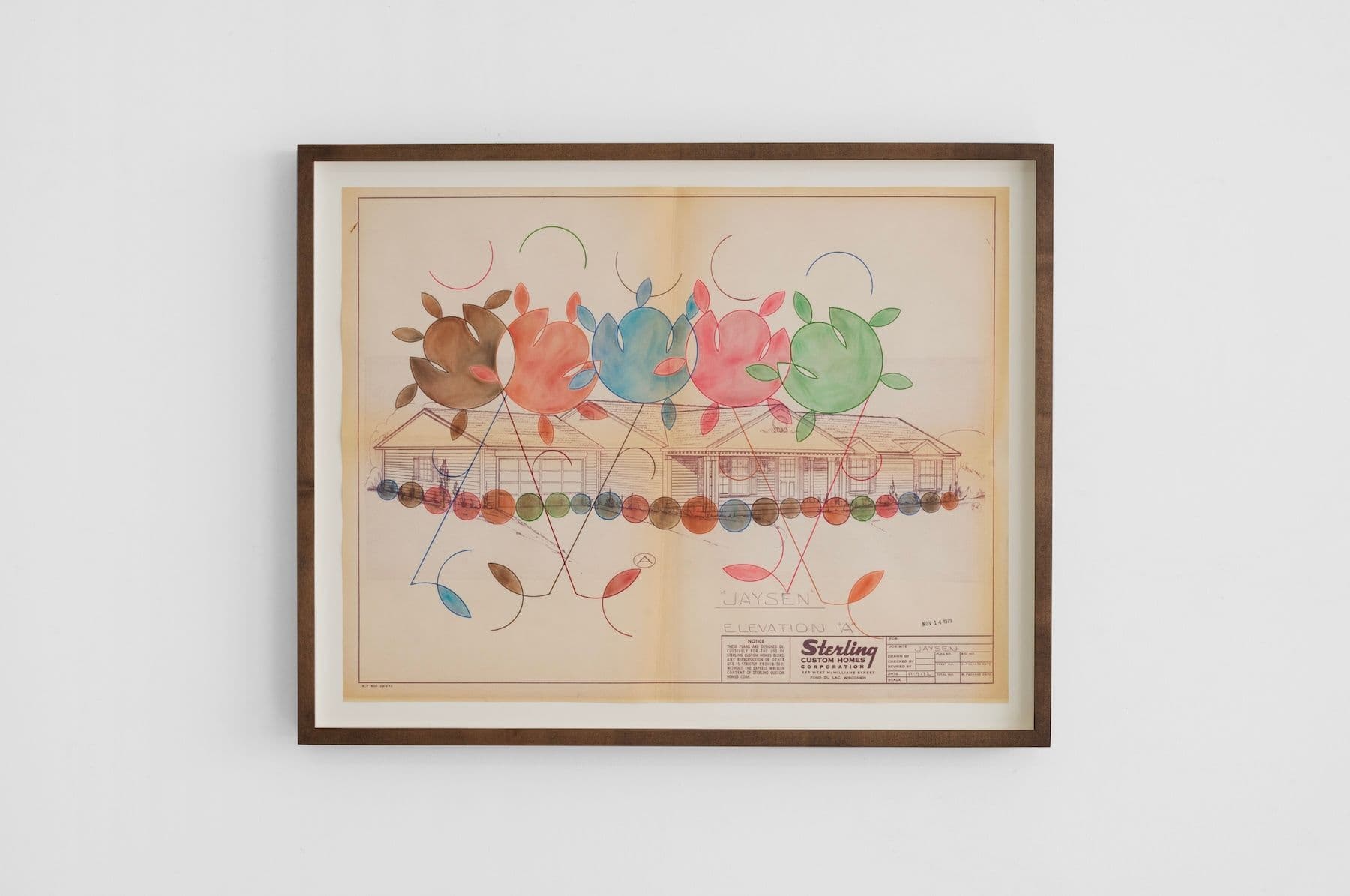 Bronson Smillie. <i>Plan A</i>, 2026. Pencil crayon, polycrayon on architectural plan. 17 × 22 inches (19.75 × 24.75 inches framed).