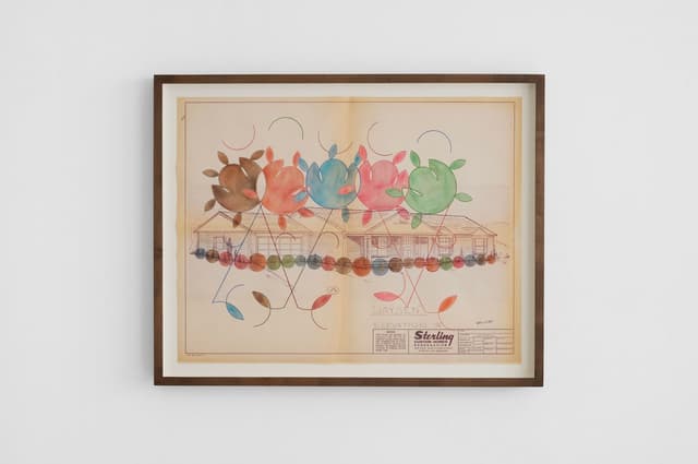 Bronson Smillie. <i>Plan A</i>, 2026. Pencil crayon, polycrayon on architectural plan. 17 × 22 inches (19.75 × 24.75 inches framed).