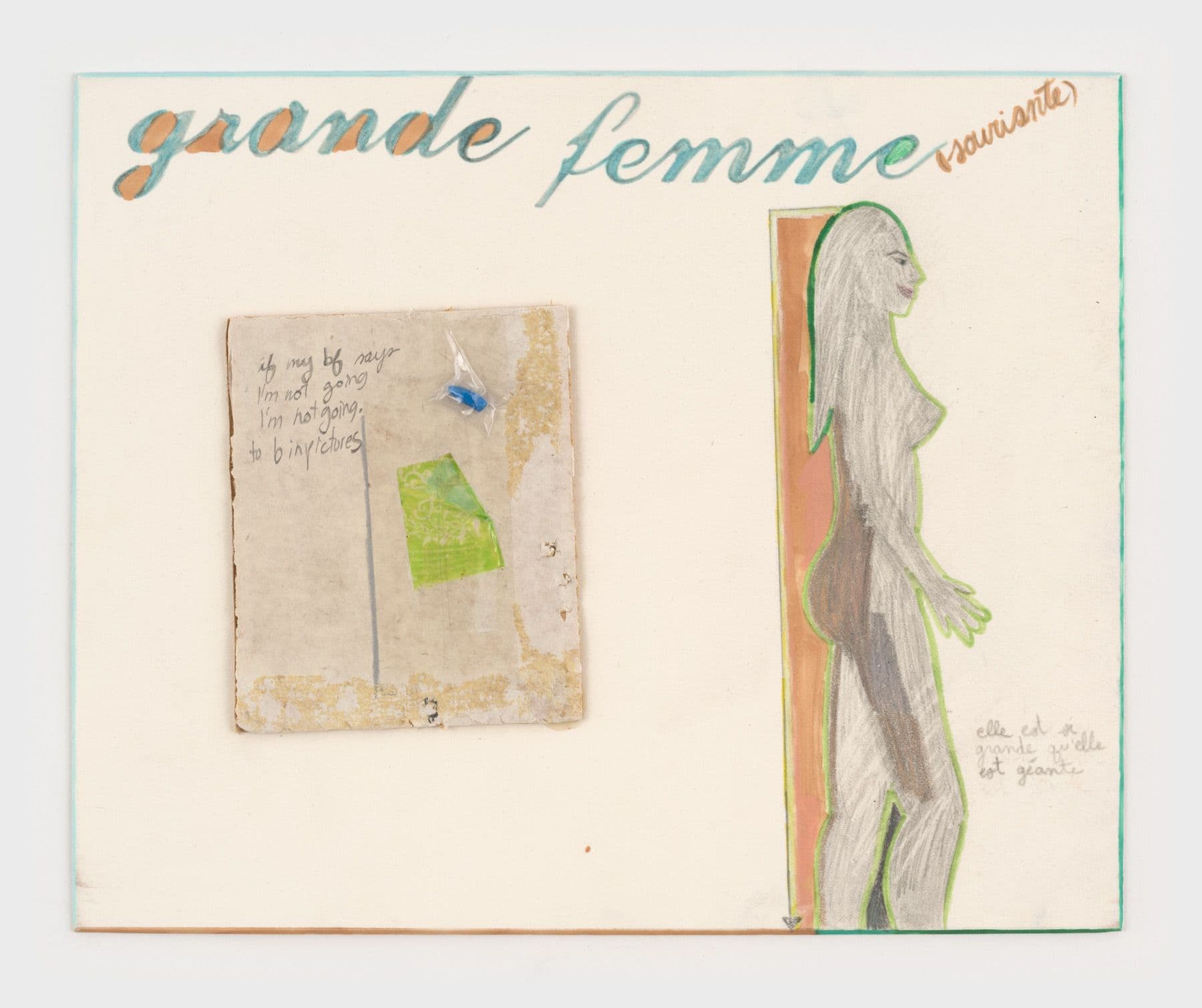 Alix Van Der Donckt-Ferrand. Moi devant et eux derrière, 2023. Marker, graphite, plastic, cardboard, color pencil, and glue on matboard. 8.5 × 10.5 inches.