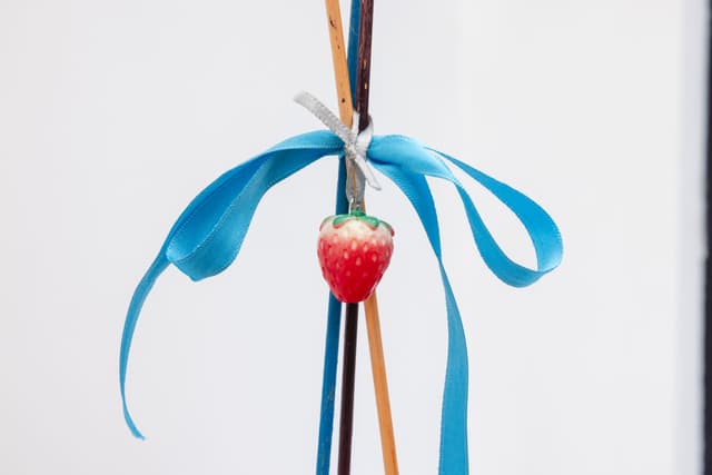 Alix Van Der Donckt-Ferrand. Detail of <i>Danseuse - or - valse à 3 temps</i>, 2025. Dog fur, wooden dowels, acrylic paint, ribbons. 49 × 10 × 9 inches.